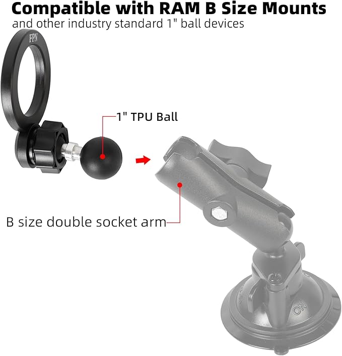 Magnetic Phone Holder Base for RAM Mounts, 1" (25mm) Ball Mount for Magsafe iPhone 17/16/15/14/13/12 Series, Compatible with RAM B Size Double Socket Arm