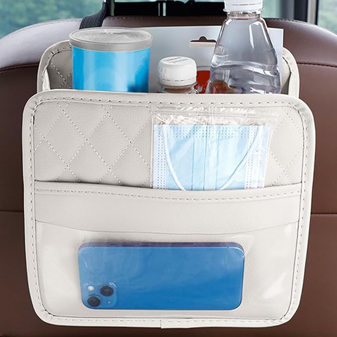 Mandark Car Seat Back Organizer, PU Leather Automotive Backseat Hanging Storage Pocket, Multipurpose Vehicle Travel Essentials Accessories for Kids & Adults, Universal for Most Cars (Gray)