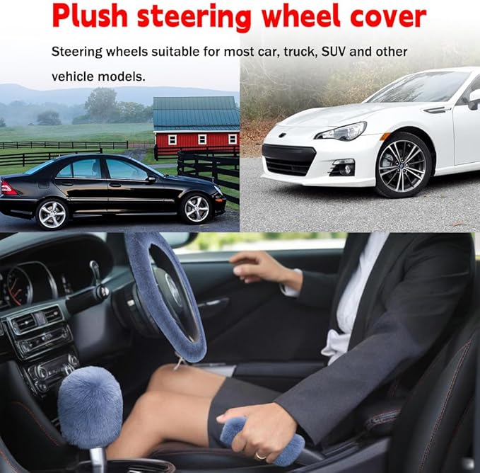 Fluffy Steering Wheel Cover, Winter Warm, Suitable for Most Car Steering Wheels in The 14-15 Inch Range (Gray, 3PCS)