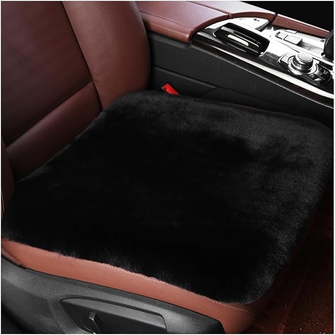 Sheepskin Car Seat Cushion, Comfortable Soft Fur Wool Auto Front Seat Cover, Vehicle Seat Protector Pad for Warm Winter Office Chair, Universal Decor Car Accessories (Black)