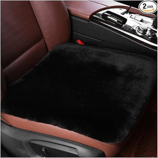 2 PCS Sheepskin Car Seat Cushion, Comfortable Soft Fur Wool Auto Front Seat Cover, Vehicle Seat Protector Pad for Warm Winter Office Chair, Universal Decor Car Accessories (Black)