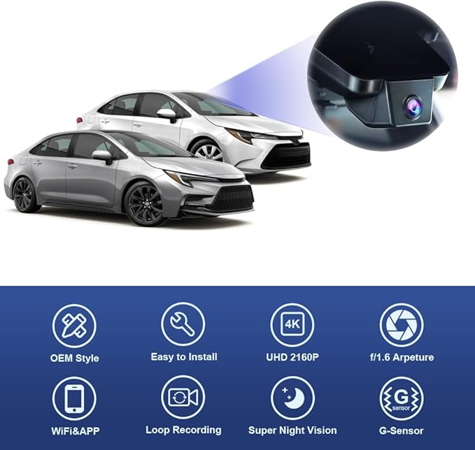 Fitcamx 4K Dash Cam Suitable for Toyota Corolla 2023-2026 Sedan Hybrid Hatchback, OEM Factory Look, 2160P UHD Video, Built-in WiFi & APP, Loop Recording, G-Sensor, Easy to Install, 64GB Card