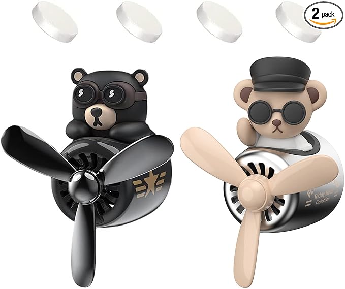 2 Pieces Car Air Fresheners, Cute Bear Pilot Car Diffuser, Propeller Air Outlet Vent Fresheners, Suitable for Automotive Interior Decoration (Black + Silver)