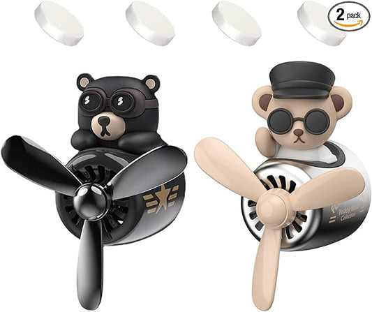 2 Pieces Car Air Fresheners, Cute Bear Pilot Car Diffuser, Propeller Air Outlet Vent Fresheners, Suitable for Automotive Interior Decoration (Black + Silver)