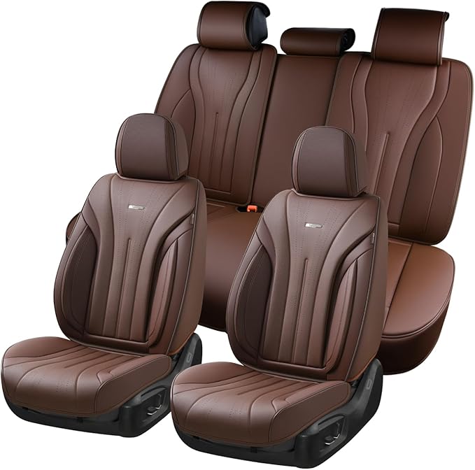 Coverado Front and Back Car Seat Covers, Leather Seat Cover for Cars, Automotive Seat Cover Full Set, Waterproof Universal Seat Cover, Luxury Car Seat Protector Seat Cushion Fit Most Cars, Coffee