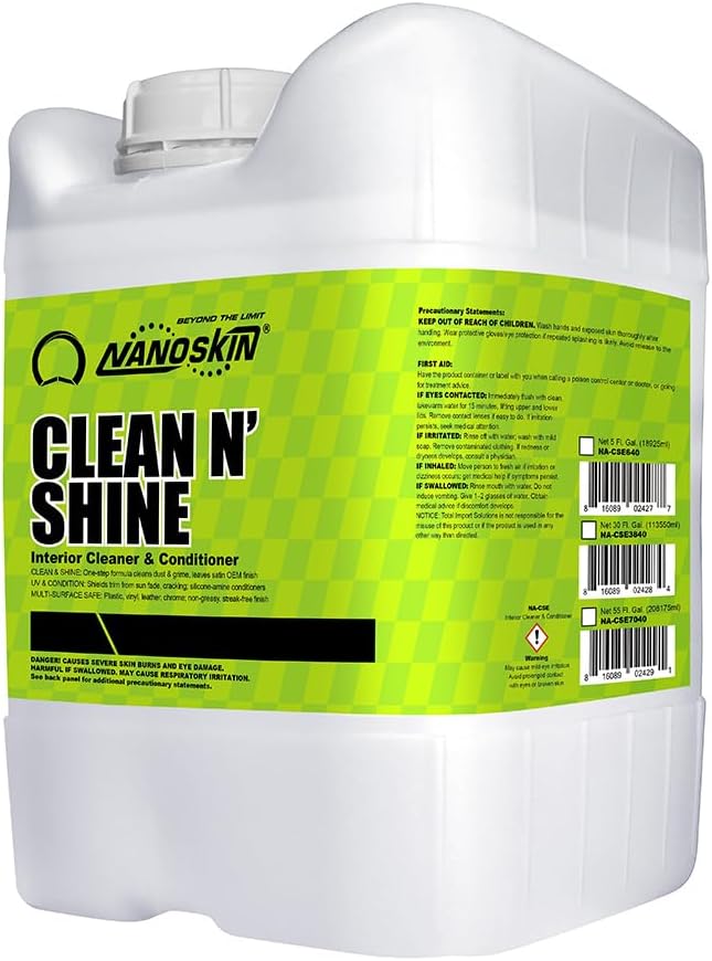 Nanoskin CLEAN N’ SHINE Interior Cleaner, Conditioner & Dressing 5 Gallons – Car Wash Interior Spray for Car Detailing | Restores Leather, Plastic & Vinyl Surfaces | For Cars, Trucks, Motorcycles, RVs