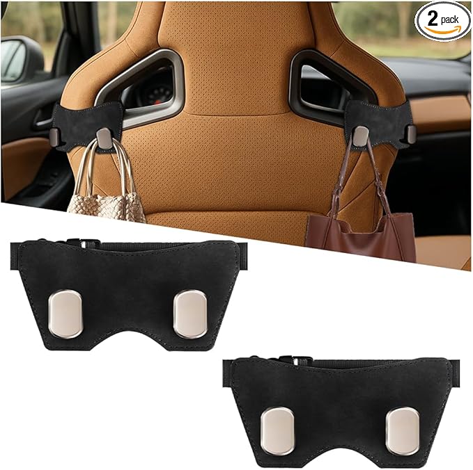 Car Headrest Hook, 2PCS Suede Vehicle Back Seat Storage Hanger with Double Metal Hook, Automotive Seatback Organizer for Purse Handbag Coat, Compatible with Most Sport Seat (Black)