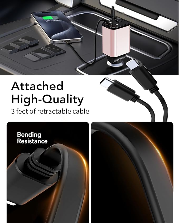 Retractable Car Charger Adapter for iPhone 17,4 in 1 Fast Charging Car Phone Charger,69W USB C Car Truck Accessories,Road Trip Essentials Gift for Men Women for iPhone 17 Pro Max/16/15/14/13/12,Galaxy