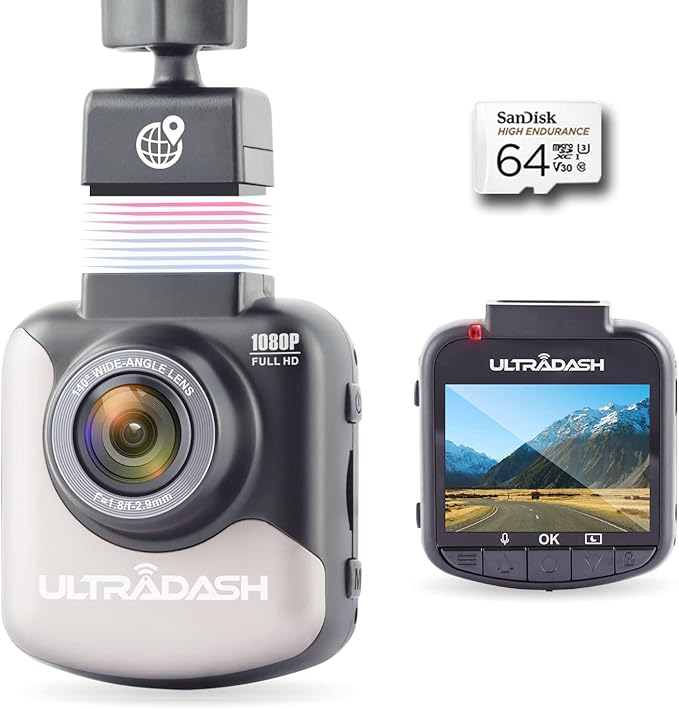 Dash Cam UltraDash C1 GPS + 64GB High Endurance Micro SD Card Bundle - Magnetic Charging Mount, HDR High-end Night Image Sensor, F1.8 140 Degree Wide Angle Lens, G-Sensor, 2" LCD, Super Capacitor