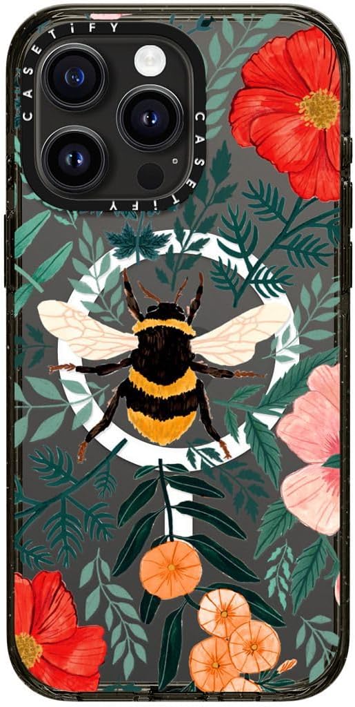 CASETiFY Impact iPhone 15 Pro Max Case [4X Military Grade Drop Tested / 8.2ft Drop Protection/Compatible with Magsafe] - Bee in The Flowers - Clear Black