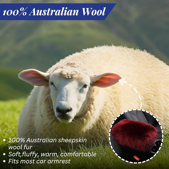 Andalus Brands Pure Australian Sheepskin Fluffy Car Center Console Cover, Luxurious Non-Shedding Furry Arm Rest Cover for Car, Versatile for All Seasons, Dark Red - (11.47" X 6.3")