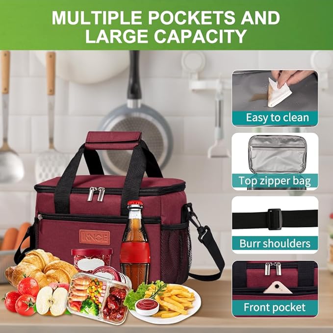 iknoe Insulated Lunch Bag, Foldable 8.5L Cooler Bag for Men & Women, Leakproof Thermal Design, Great for Office, Picnic, Travel, Lunch Box, Red