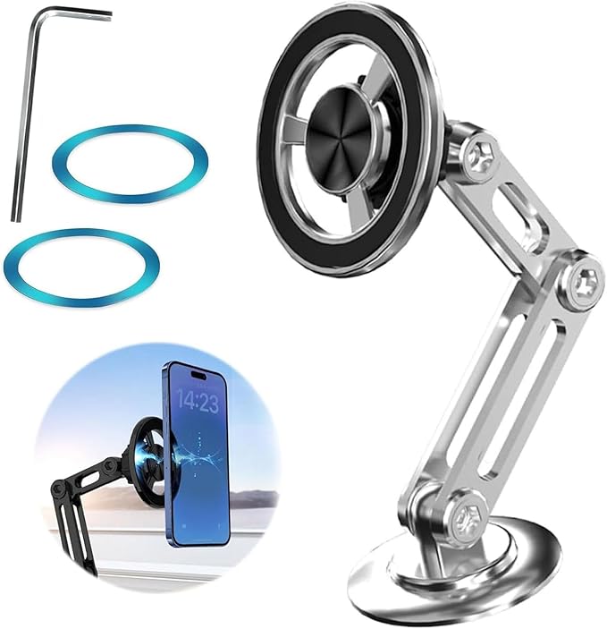 Universal 360° PRO Magnetic Suction Phone Holder Car,Alloy Folding Magnetic Cell Phone Holder for Car [Super Strong Magnet] Bracket Magnetic Dashboard Phone Car Mount for All Smartphone (Silver)