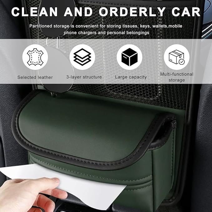 Car Purse Holder Between Seats, Nappa Leather Front Seat Storage Bag with Tissue Holder, Large Capacity Automotive Console Organizer for Document Phone Wallet, Car Accessories (Green)