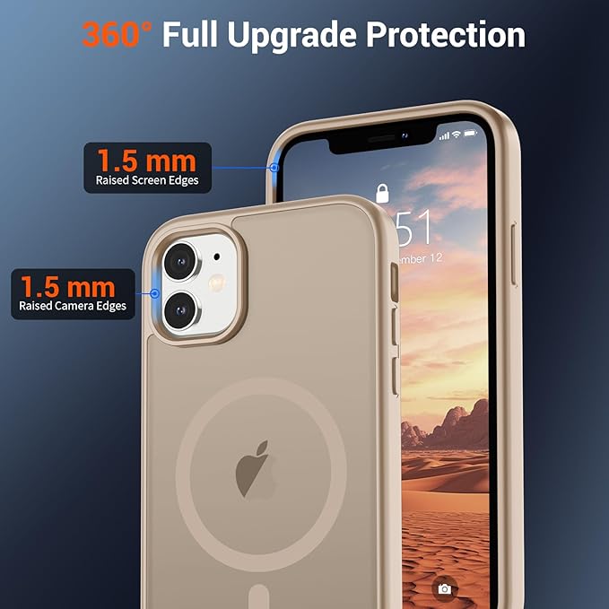 SUPFINE Magnetic for iPhone 12 Mini Case & iPhone 13 Mini Case with Screen Protector (Compatible with MagSafe) (Military Grade Drop Protection) Translucent Matte Shockproof Phone Cover,Desert Gold