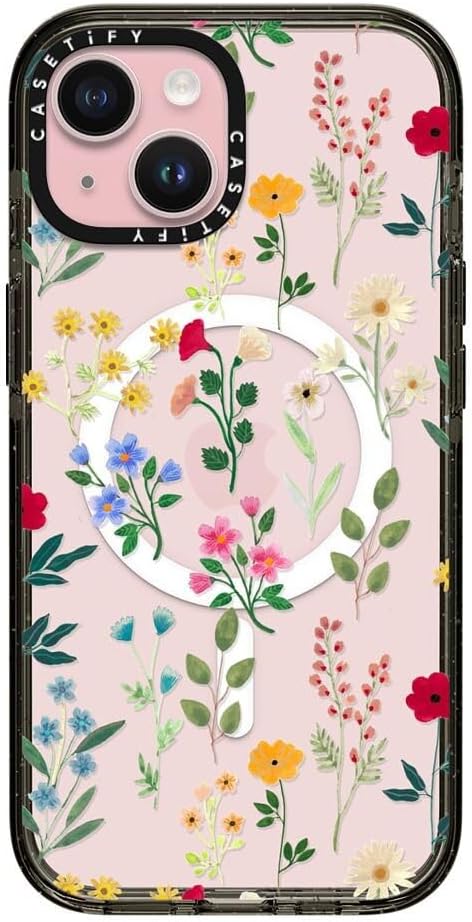 CASETiFY Impact Case for iPhone 15 [4X Military Grade Drop Tested / 8.2ft Drop Protection/Compatible with Magsafe] - Flower Prints - Spring Botanicals 2 - Clear Black