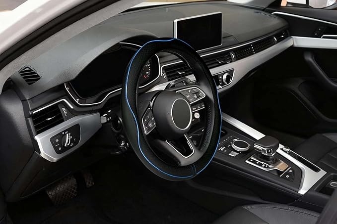 LABBYWAY Microfiber Leather Steering Wheel Cover, Universal 14.5-15 Inch Steering Wheel Anti Slip Car Interior Accessories for Men Women (Black with Blue Line)