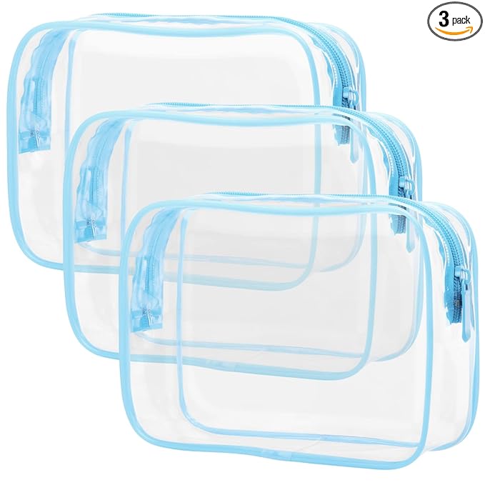 PACKISM 3 Pack TSA Approved Clear Toiletry Bags, Quart Size, Travel Makeup Cosmetic Bag for Women Men, Carry On Airport Airline Compliant, Light Blue
