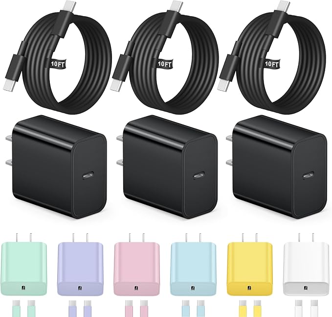 iPhone 17 16 15 Charger Fast Charging 3+3Pack Type C Charger USB C Chargers Block with 10FT Cable for iPhone Air/17/17 Plus/17 Pro/17 Pro Max/16/16 Plus/16 Pro/16 Pro Max/15/15 Pro Max/iPad Pro(Black)