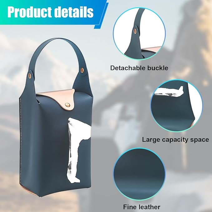 Car Tissue Holder, Large Car Headrest Hanging Tissue Box Cover, PU Leather Auto Napkin Holder, Universal Vehicle Backseat Paper Organizer for Cars Sun Visor (Blue)