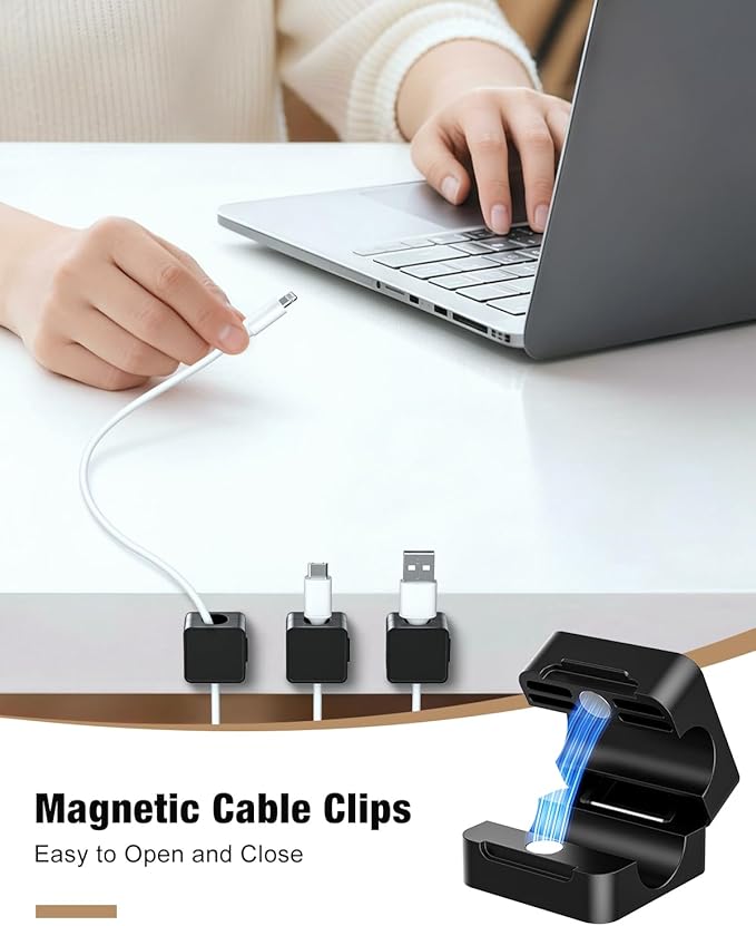 Magnetic Cable Clips, 6 Pack Cord Holder Desk Cable Management, Adhesive Wire Holder Keeper Organizer for Desk Organizer Home Office Car Wall Nightstand, Black