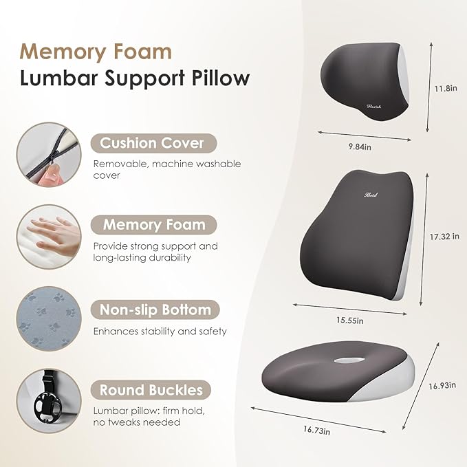 FLORICH Car Seat Cushion & Lumbar Support Pillow & Car Neck Pillow, Ergonomic Memory Foam Driving Seat Cushion for Back & Sciatica Pain Relief, Non-Slip Washable Cushion for Car, Driver, Office-Gray