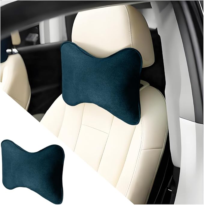 Car Headrest Pillow, Suede Soft Comfortable Breathable Vehicle Seat Neck Support Cushion with Adjustable Strap, Ergonomic Design Auto Head Rest Pad, Universal for Sedan RV Truck (Green Blue)