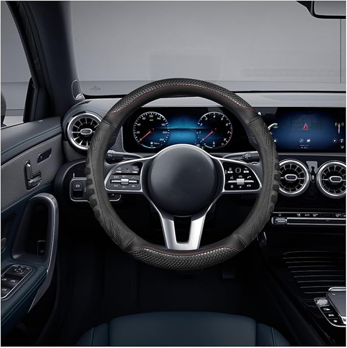Car Steering Wheel Cover, Anti-Slip Leather Breathable Comfortable Automotive Steering Wheel Cover Protector Decoration for Men and Women, 15 Inch Universal for SUV, Truck, RV（Black）