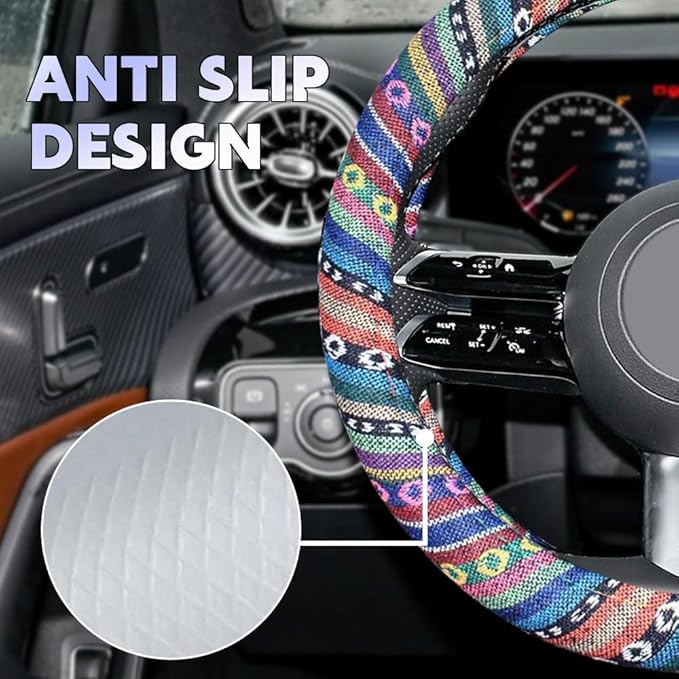 Boho Steering Wheel Cover, Steering Wheel Cover Women, 15 inch Hippie Style Protector Covers, Universal Ethnic Flax Cloth Car Accessories Universal for SUV Van Truck (Hippie-A)