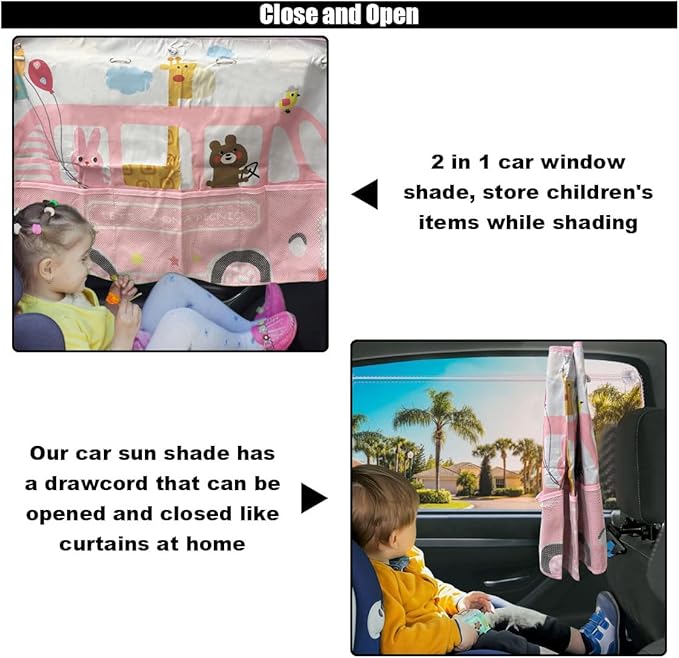 Car Window Shade for Baby, Blackout Car Window Curtain with Storage Pockets & 7 Suction Cups, Cartoon Pattern Cars Side Window Sun Shade Cover for Sun/Heat/UV Rays Protection (Pink-Giraffe)