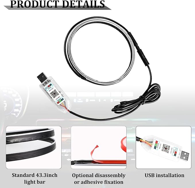 Car LED Strip Lights, 43.3 Inch 64 Colors Music Mode Inside Vehicle Dash Ambient Lighting Kit with Wireless Remote Control, Automotive Interior Dashboard Lamp, Universal Fit