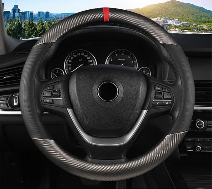 KAFEEK Classic Carbon Fiber Steering Wheel Cover, Universal 15 inch, Breathable Microfiber Leather, Gray