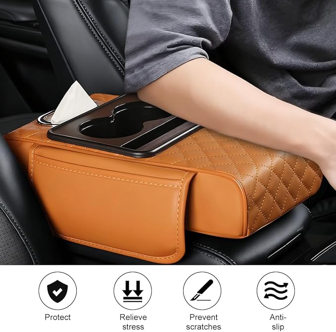Car Armrest Cushion, 5-in-1 Nappa Leather Vehicle Centre Console Cover with 2 Storage Pockets, Cup Phone & Phone Holder, Multifunctional Auto Organiser Accessories, Universal Fit (Yellow)