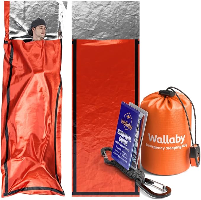 Wallaby 2-Pack Emergency Mylar Sleeping Bags with Nylon Pouches, Whistle Pull & Paracord with Carabiners, Free Survival Guide