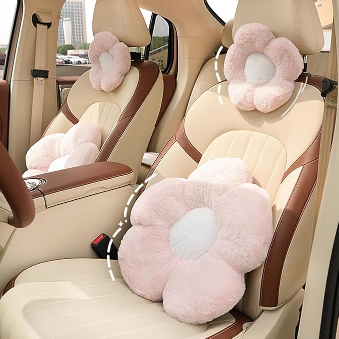 4 Pack Plush Flower Car Headrest Pillow and Lumbar Support Pillow Soft Comfortable Car Headrest Pillow Cute Car Accessories for Car Driving Cute Neck Pillows for Driving Car Decor