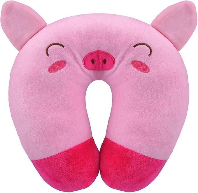 Travel Pillow for Kids, Cute Animal Neck Pillow Support U Shaped Cushion Plush Soft Rest Reading Pillows Sleeping Pillows for Airplane Train Car (Color:Pink Pig)