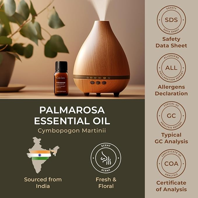 100% Pure Palmarosa Essential Oil - 0.34 Fl Oz - Palmarosa Oil for Hair, Skin, Diffuser, Aromatherapy & DIY Candle Making Scent