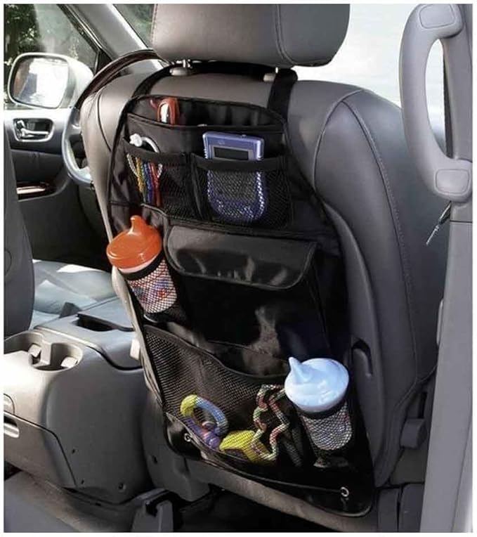 Car Backseat Organizer 11X19" Tablet Hold 3 Storage Pockets Travel Accessory Blk Seat Back Protector Kick Mats for Kids Toddlers, Travel Accessories Auto Seat Storage Hanging Bag, Phones, Drink, Stuff