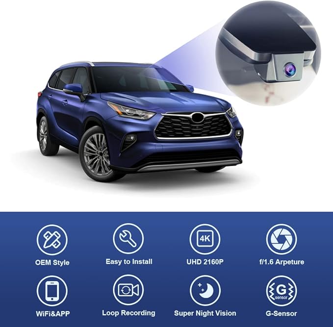 Fitcamx 4K Dash Cam Suitable for Toyota Highlander 2020-2026 & Highlander Hybrid (Gen4/UX70), OEM Factory Look, UHD 2160P Video, Built-in WiFi & APP, Loop Recording, G-Sensor, Plug & Play, 64GB Card