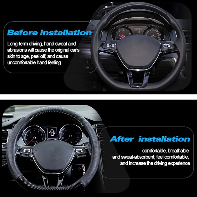 Car Carbon Fiber and Leather D-Shape Steering Wheel Cover, Stylish car Non-Slip Leather car Interior 15 inches Universal Black