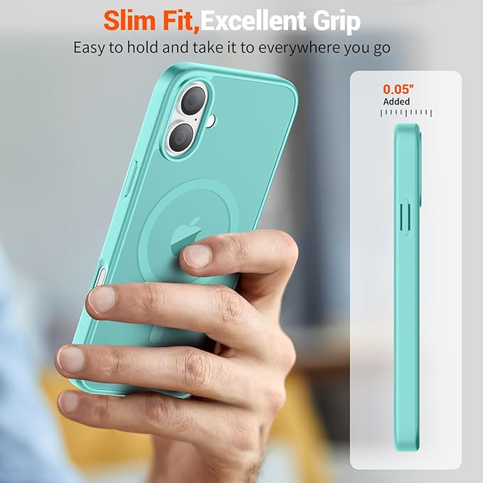 SUPFINE Magnetic for iPhone 16 Plus Case with Screen Protector (Compatible with MagSafe) (Military Grade Drop Protection) Translucent Matte Shockproof with Anti-Fingerprint Phone Case, Blue Green