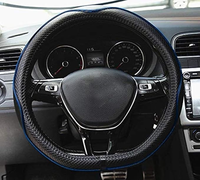 Mayco Bell Flat Bottom Steering Wheel Cover Anti-Slip,Safety,Soft,Breathable,Durable,Full Surround,Comfortable Grip Microfiber Leather (D-Shape, Black Blue)