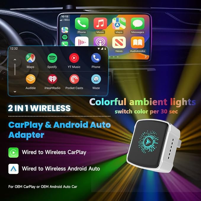 Wireless CarPlay Adapter & Android Auto (2-in-1) - Mini USB/USB-C Adapter Converts Wired to Wireless, Plug & Play, Stable Lag-Free for iPhone & Android (2026 Upgraded)