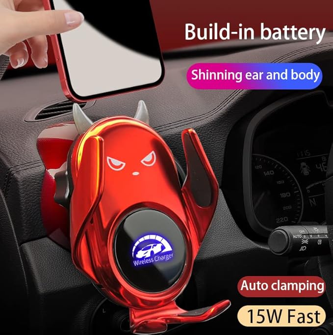 Car Phone Holder Mount Wireless Charging Auto Clamping Rotatable Vent Clip Cute Red Demon for iPhone Samsung Galaxy Andriod Phone