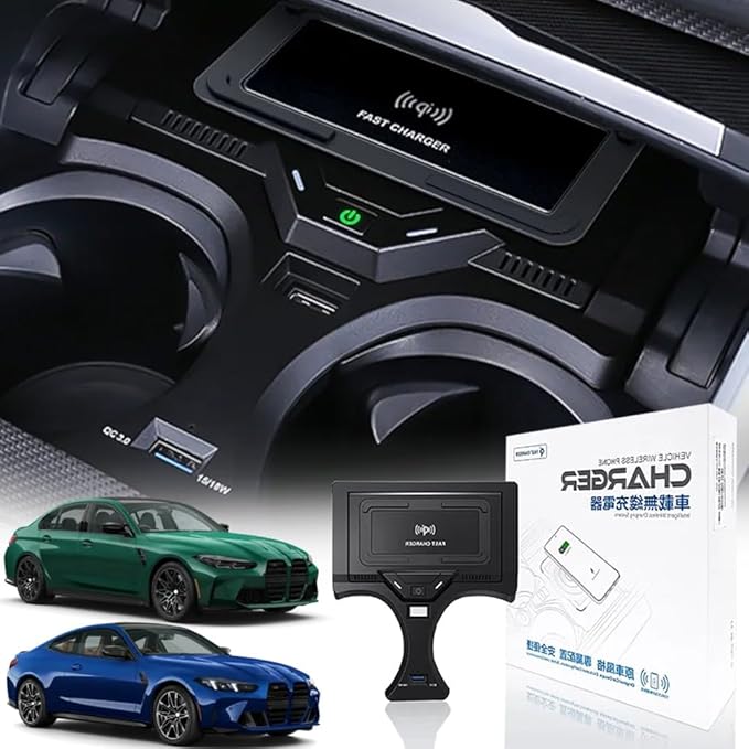 Wireless Car Charger for BMW 3 Series G20 2019-2024, for BMW 4 Series G22 2020-2024, for BMW 2 Series 2022-2024, OEM Custom Fit with 27W USB-A & Type-C Wireless Fast Phone Charging Pad
