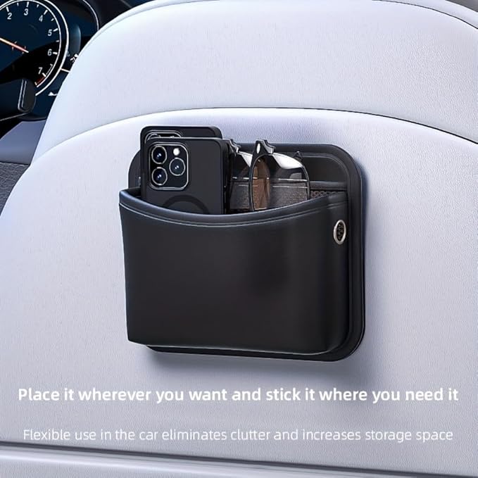 Car Seat Side Pocket Organizer - PU Leather Auto Door Console Mini Storage Bag for Keys, Phone, Sunglasses, Registration, and Documents (Black)
