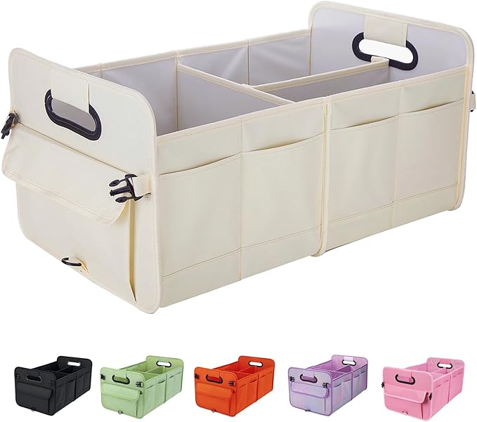 titiyiof Trunk Organizer For Suv & Sedan,Car Organizers and Storage, Waterproof Collapsible & Adjustable Straps,Sturdy Car Organization for Car Accessories, Tools,Food，Sundries,2-3 Compartment（Beige）