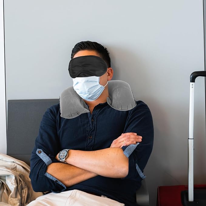 SUPVOX Inflatable Travel Neck Pillow U-Shaped with Blackout Eye Mask and Set, Lightweight Airplane Pillow for Flight Comfort and Sleep, Portable Gray Travel Accessory Kit