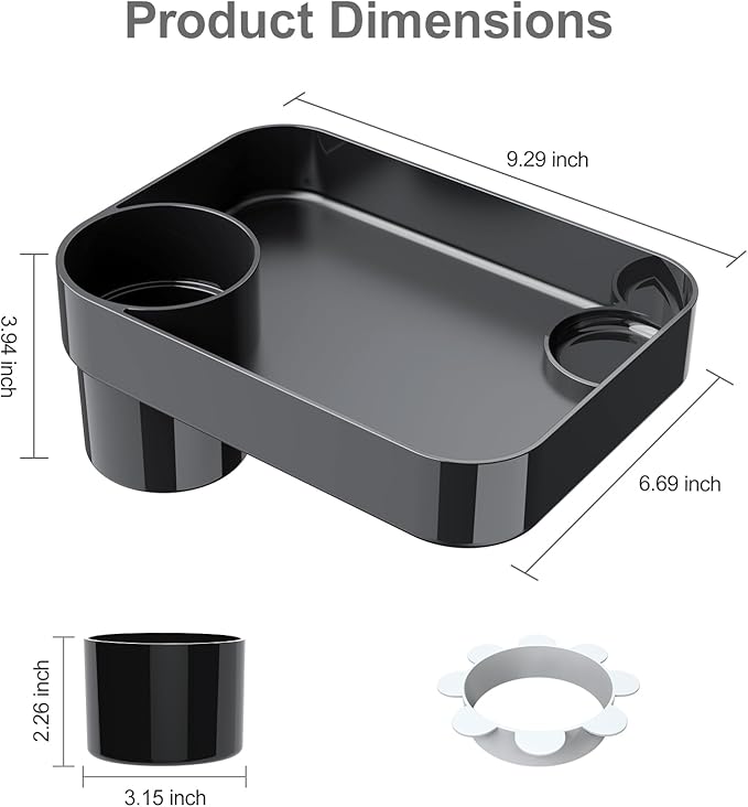 [2 Pack] Car Seat Snack Tray for Toddlers - 3 Inch Cup Holder Fits Most Sippy Cups & Straw Bottles with Dip Well, Mess-Free Square Kids Travel Tray Road Trip Essentials, Black, 2