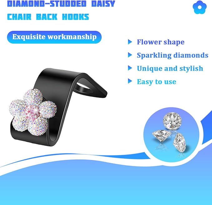 Bling Car Seat Headrest Hook, 4PCS Daisy Crystal Rhinestone Vehicle Backseat Hanger Hook for Purses Bags, Auto Headrest Storage Organizer Decorations, Universal Fit (Multicolour White Pink)
